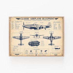 May include: A framed print featuring a classic airplane blueprint of a P-51D Mustang. The design includes a side profile, top view, front view, bottom view, and engine diagram with technical specifications, performance data, and descriptive text.