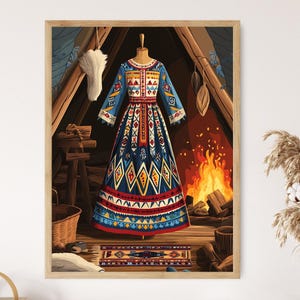 May include: A framed print of a colorful dress on a mannequin inside a wooden structure. The dress is blue with red, yellow, and white geometric patterns. A fire burns in the background, and a woven rug is on the floor. The artwork has a rustic, bohemian theme.