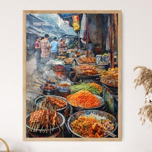 Bandung Street Food Market Art Print, Vibrant Culinary Scene Illustration, Kitchen Wall Decor, Exotic Travel Gif