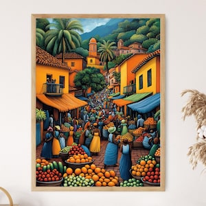 Gambia Marketplace Illustration, Colorful Farm Market Painting, African Fruit Art, Wall Art for Kitchen, African Restaurant Decor