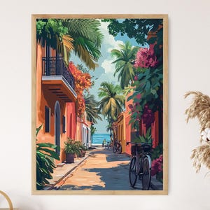 Escena de callejón en Pondicherry, Tamil Nadu, póster del Barrio Francés, pintura costera de la India, impresión de arte vectorial plano