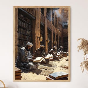 May include: A framed print depicts a historical library scene. Men in traditional attire are seated, reading large books. The library features tall bookshelves, ornate lamps, and a warm, earthy color palette, creating a scholarly atmosphere.