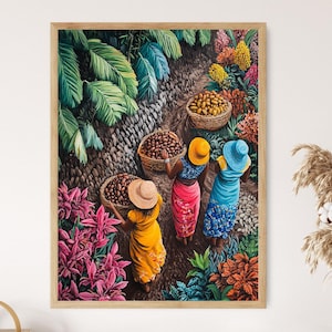May include: Four women in colourful clothing walk through a lush tropical setting, carrying baskets of fruit. The scene is painted in vibrant colours, with pink, red, yellow, blue, and green hues dominating the composition.