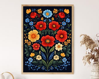 Kalocsa Floral Embroidery Art, Traditional Hungarian Folk Design Print