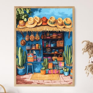 Mexikanischer Souvenir Markt Kunstdruck, Sombreros y Taschen Dekor Poster, Traditionelles Handwerk Illustration