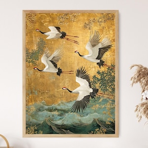 Chinoiserie Crane Art Print, Golden Accents, Nature-Inspired Wall Decor