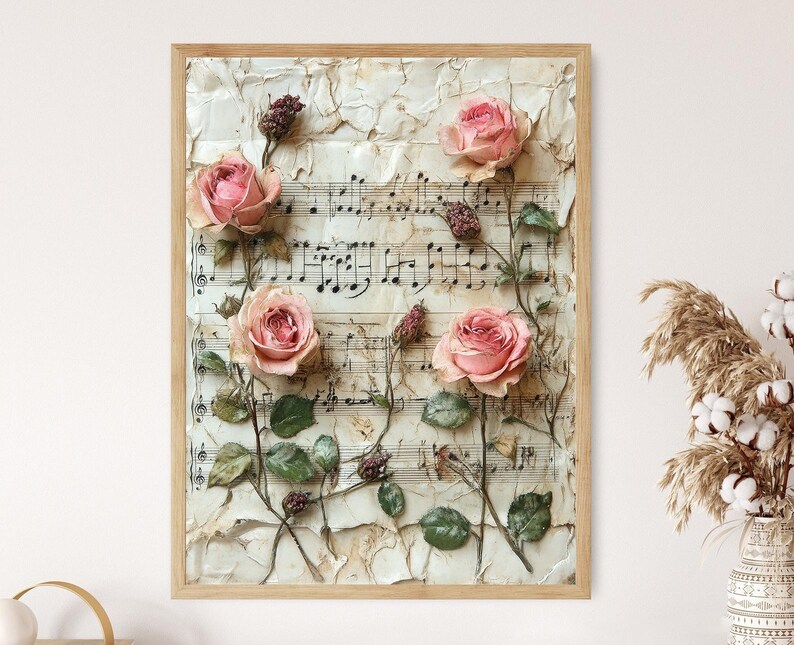 Vintage Rose and Music Sheet Art Print: Romantic Floral Wall Decor - Etsy