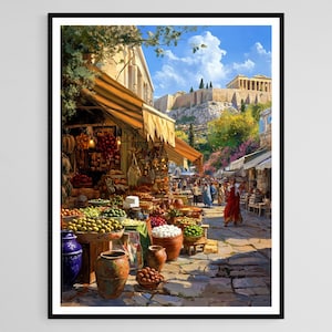 Op de afbeelding: Een levendig schilderij van een drukke markt in Griekenland, met kraampjes vol producten. De scène omvat een uitzicht op het Parthenon op de achtergrond. Het kunstwerk is omlijst in een zwarte rand, die de essentie van een zonnige dag vastlegt.