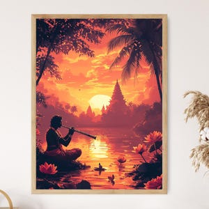 Op de afbeelding: Een digitaal schilderij van een persoon die fluit speelt in een tropische omgeving. De persoon zit op een rots bij een rivier met een tempel op de achtergrond. De lucht is oranje en de zon gaat onder. Er zijn palmbomen en bloemen in de scène.