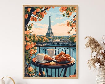 パステル画 「パリ朝暘」 パリのフランス風朝食、クロワッサンとエッフェル塔の風景、文化芸術