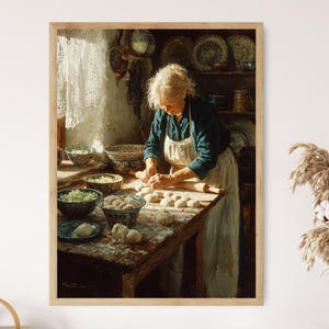 Pode incluir: Pintura emoldurada de uma pessoa idosa numa cozinha, usando um avental e preparando comida numa mesa de madeira. Taças com ingredientes e bolinhos acabados são visíveis. A cena é iluminada por luz natural quente.