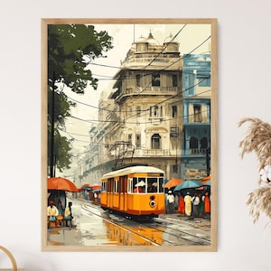 Ilustración de escena callejera del tranvía de Calcuta, impresión fina, póster de arte urbano bengalí
