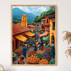 Mauritius Marketplace Illustration, Colorful Farm Market Painting, African Fruit Art, Wall Art for Kitchen, African Restaurant Decor