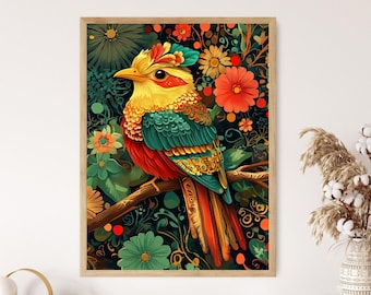 Guatemalan Quetzal Illustration, Mayan Motifs and Local Textile Art Print