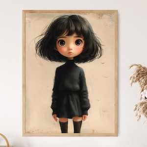 Arte de muñeca de niña morena, retrato nostálgico de niña, obra de arte con ojos expresivos, regalo ideal para guardería