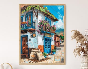Impresión artística de una cafetería colombiana, decoración de pared vibrante