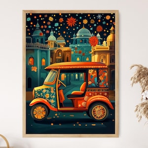 Afiche de rickshaw tuk tuk, ilustración vibrante de un automóvil indio