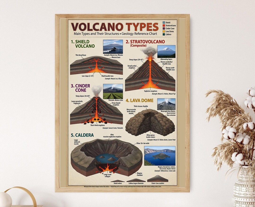 Volcano Database Chart Volcano Types Geology Reference Chart: Shield, Stratovolcano, Cinder ...