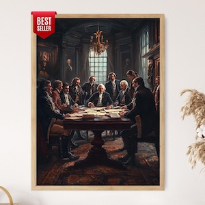 May include: A framed print of a historical painting depicting a group of men seated around a table. The scene is set in a dimly lit room with a chandelier and a window. The print has a "Best Seller" tag.
