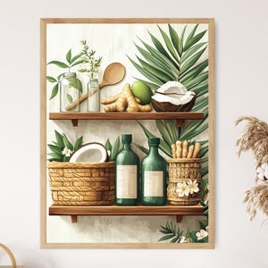 May include: A framed print showing a watercolour illustration of a kitchen shelf. The shelves display a coconut, ginger, green bottles, and a wooden spoon. The background includes tropical leaves and a vase with dried plants.