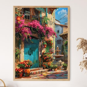 Impressão artística de Villa com buganvílias - Arte de parede com paisagens vibrantes para decoração de casa, presente perfeito para inauguração de casa