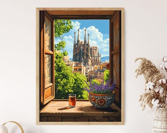 Op de afbeelding: Een ingelijste kunstdruk toont een uitzicht vanuit een raam met uitzicht op een stad met een grote kathedraal. Een glas amberkleurige vloeistof staat op de vensterbank, naast een keramische pot met lavendel. Het raam is open en onthult een blauwe lucht.
