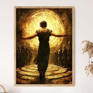 May include: A painting of a man with outstretched arms standing in front of a crowd of people. The man is wearing a long robe and is surrounded by a golden light. The painting has a vintage, distressed look.