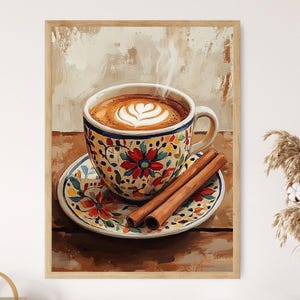 Impressão artística Café de Olla, xícara de barro com motivos Talavera e canela, Cafecito Mañanero