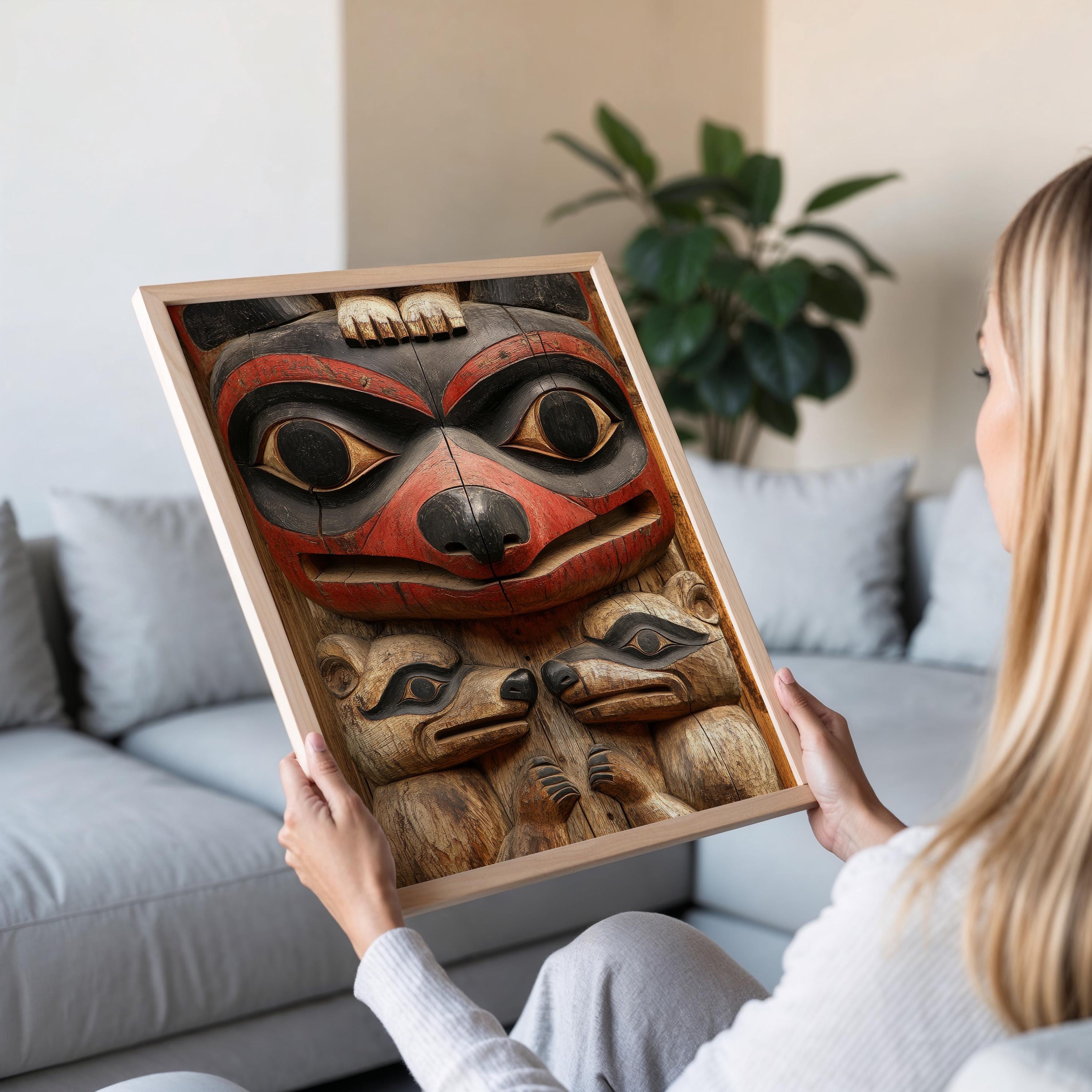 Haida Totem Pole Art Print, Bear, Wolf, Orca Symbols, Traditional