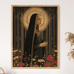 Saint Hildegard of Bingen Print, Floral Spiritual Icon, Medieval Wall Art