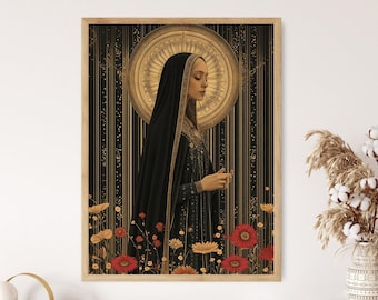 May include: A framed art print featuring a woman in a black veil and gown, set against a backdrop of gold and black vertical stripes. The artwork includes a golden halo and a floral border with red and yellow flowers. The overall aesthetic is elegant and spiritual.