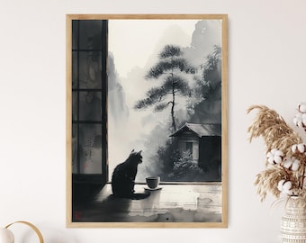 Zen Cat in Japanese Tea House – Tranquil Ink Wash Painting