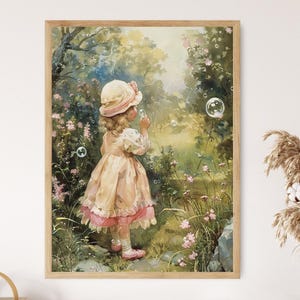 Child Blowing Bubbles in a Serene Garden – Enchanting Maud Humphrey Inspired Art