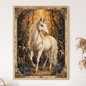 Unicorn Hunt Bestiary Illustration, Medieval Mythology, Illuminated Art Print