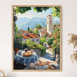 May include: A painting of a quaint European village with a white church tower, surrounded by lush greenery and a stone path leading to a table with a pie and two glasses of juice.