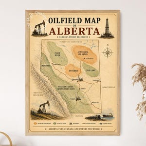 May include: A framed wall print featuring an oilfield map of Alberta, Canada. The map displays oil sands regions, refineries, pipelines, and export routes with illustrations of oil derricks, a train, and a ship. Text includes OILFIELD MAP OF ALBERTA.
