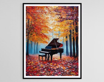 Puede incluir: Una impresión artística enmarcada representa un piano de cola en un bosque. El piano negro tiene un interior rojo, rodeado de árboles con colorido follaje otoñal en tonos rojos, naranjas y amarillos. El suelo está cubierto de hojas caídas.