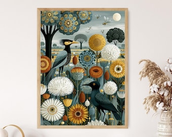 Whimsical Folk Art Print: Birds, Flowers, Moon, Farmhouse Decor