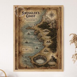 Smugglarens kustkarta, vintage maritim skattkarta, väggkonst med kustäventyr