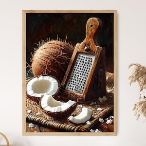 May include: A still-life image featuring a wooden grater and coconuts. The grater is brown with a metal grating. A whole coconut, a halved coconut, and coconut pieces are arranged on a woven mat. The image has a warm, rustic feel.