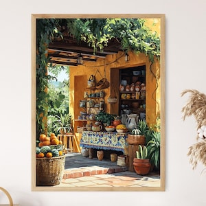 Puede incluir: Una pintura de un edificio amarillo con un porche cubierto. El porche tiene una mesa con un mantel azul y blanco y está decorado con frutas, verduras y cerámica. El edificio tiene estantes llenos de cerámica y una vid que crece sobre el techo.