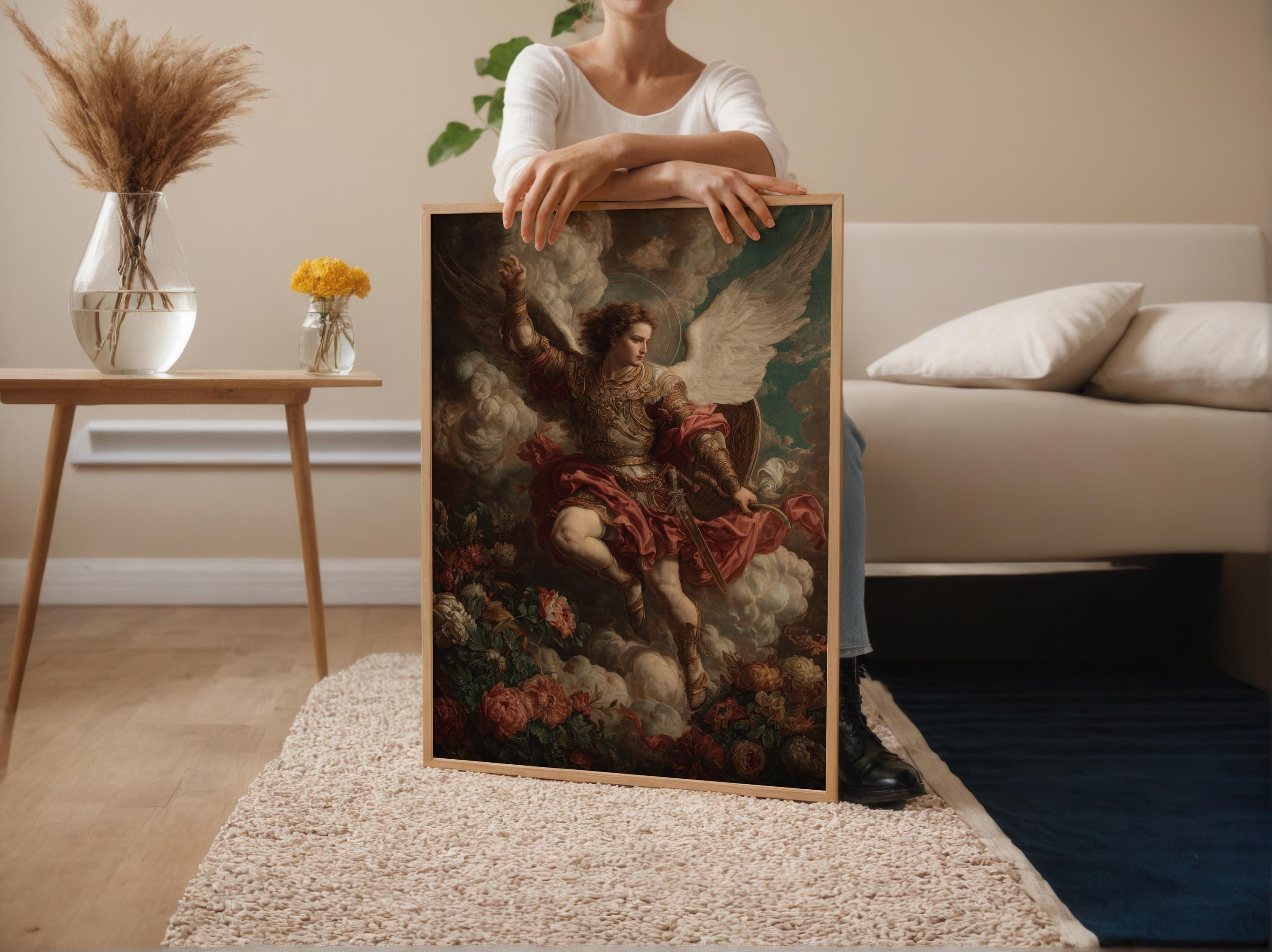Saint Michael Art Print: Archangel in Heavenly Clouds, Golden Armor ...