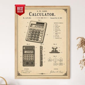 May include: A framed vintage-style patent print of a G. W. Casio calculator, dated February 22, 1983. The beige poster features technical line drawings, including a front view, side profile, and internal schematic, with labels and text.