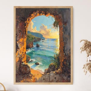 May include: A painting of a seascape viewed through a stone archway. The ocean is a vibrant blue with white waves crashing on the shore. The sky is a bright blue with white clouds. The stone archway is a warm brown color.