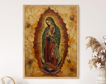 May include: A painting of the Virgin Mary, also known as Our Lady of Guadalupe, depicted in a traditional style with a gold background and a blue and green robe. The painting is framed in a wooden frame.