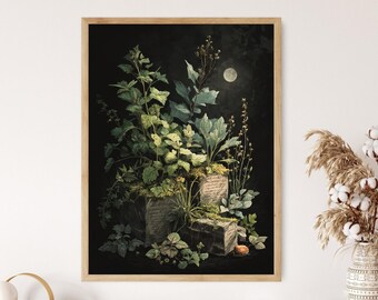 Puede incluir: Una impresión enmarcada de una ilustración botánica que presenta una variedad de plantas verdes y hojas que crecen en la parte superior de bloques de piedra. El fondo es oscuro y presenta una luna llena.