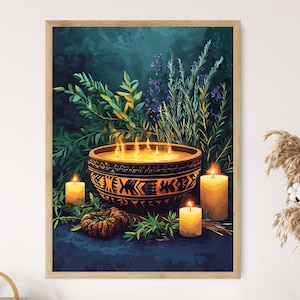 May include: A dark brown bowl with a geometric pattern is filled with a yellow candle and surrounded by three lit candles. The bowl is on a dark blue surface with green plants and a brown object.