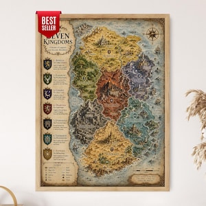 Seven Kingdoms Fantasy Karte Druck, Legendäre Reiche Kartographie, Vintage Abenteuer Wandkunst