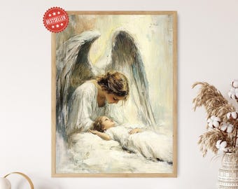 Guardian Angel Watching Over Child Art Print, Gentle Protection, Christian Decor
