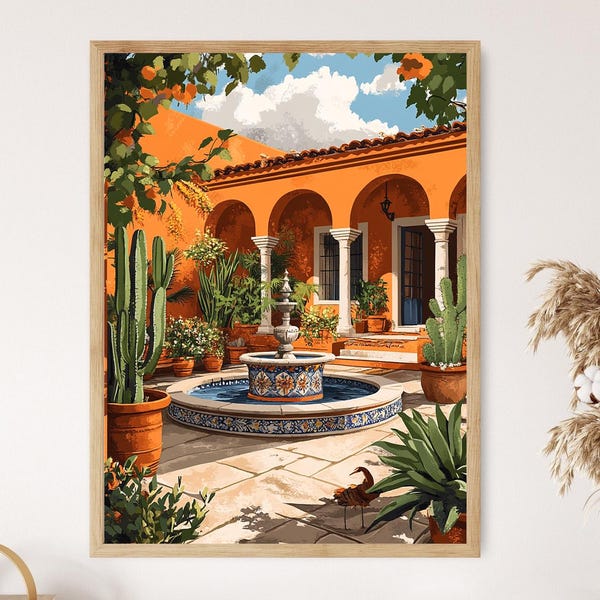 Oaxaca Courtyard Art Print: Talavera Fountain, Clay Pots, Colonial Arches